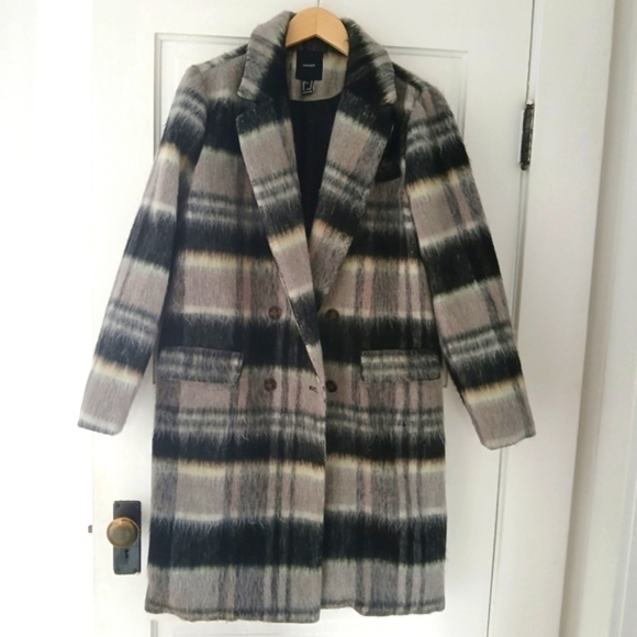 Vintage Forever 21 Jacket Duster All Over Curve Long-Line Overcoat Shadow Check - Picture 9 of 15